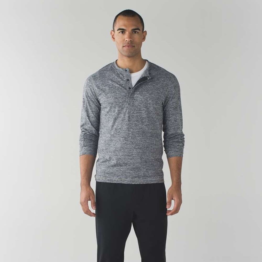 Lululemon Surge Long Sleeve Henley Space Dye Black Grey Size Large Run Gym Hike